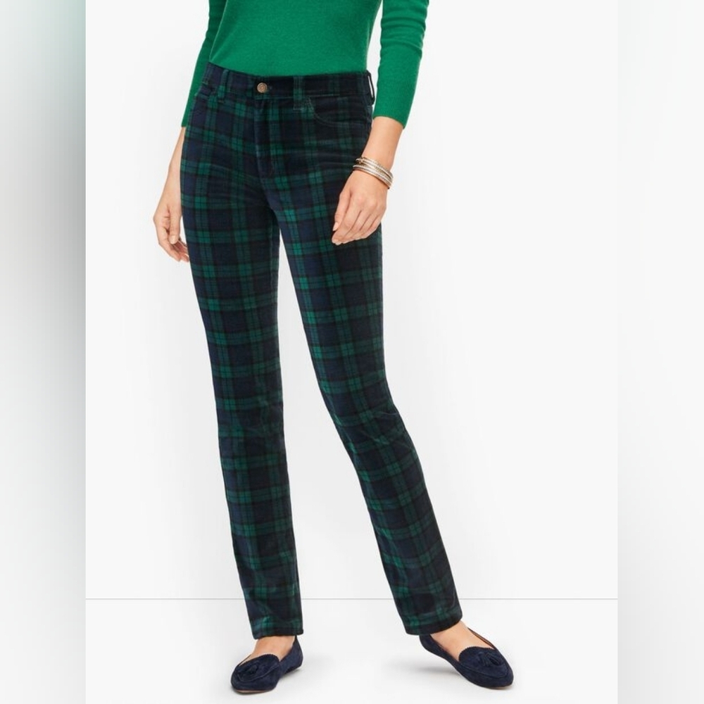 Talbots Velveteen Straight Leg Pants - Black Watch Plaid Sz 4 WP230